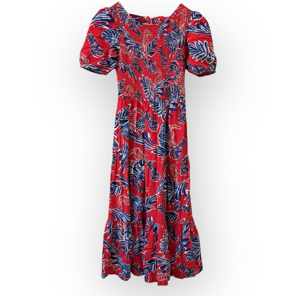 Sincerely Jules Tropical Midi Dress Small Red Blue Smocked Tiered Puff Sleeve